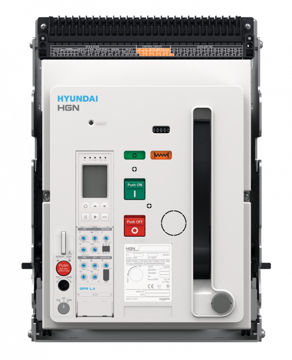 Воздушный выключатель серии HGN, арт. HGN08A3BM2C2S254HBAEL (800А, 3P, 85кА, выкатной c горизонтальным расположением шин, реле GPR-LP, с моторным приводом AC/DC 220В (катушка вкл. AC/DC 220В, катушка откл. AC/DC 220В))