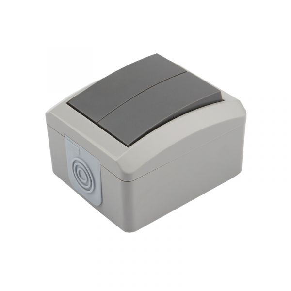 Выключатель двухклавишный INDUSTRIAL IP54, о/у, серый