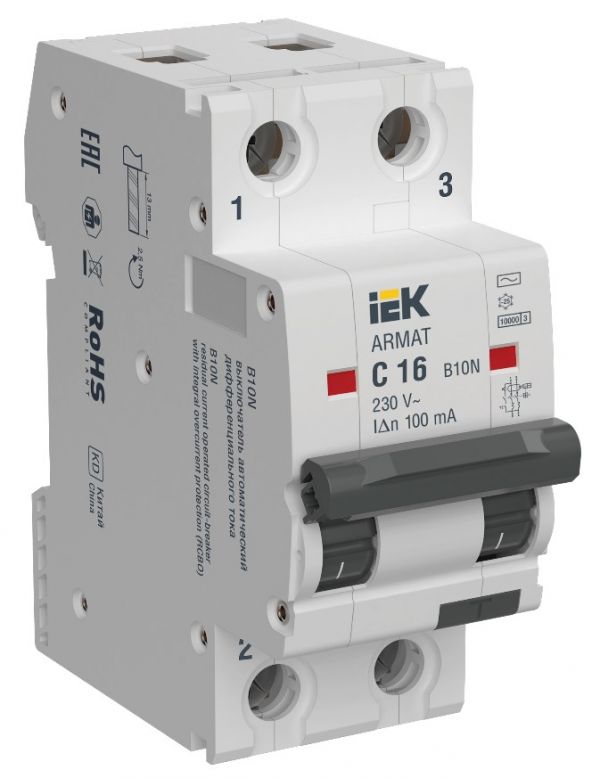 Выключатель автоматический дифференциального тока B10N 2P C16 100мА тип AC