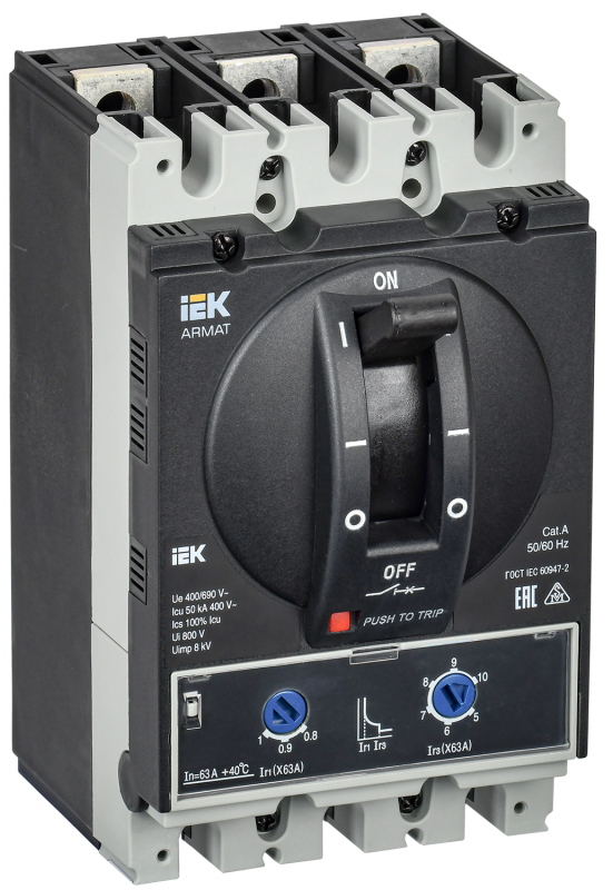 Выключатель автоматический в литом корпусе ARMAT 3P типоразмер A 50кА 63А расцепитель термомагнитный регулируемый