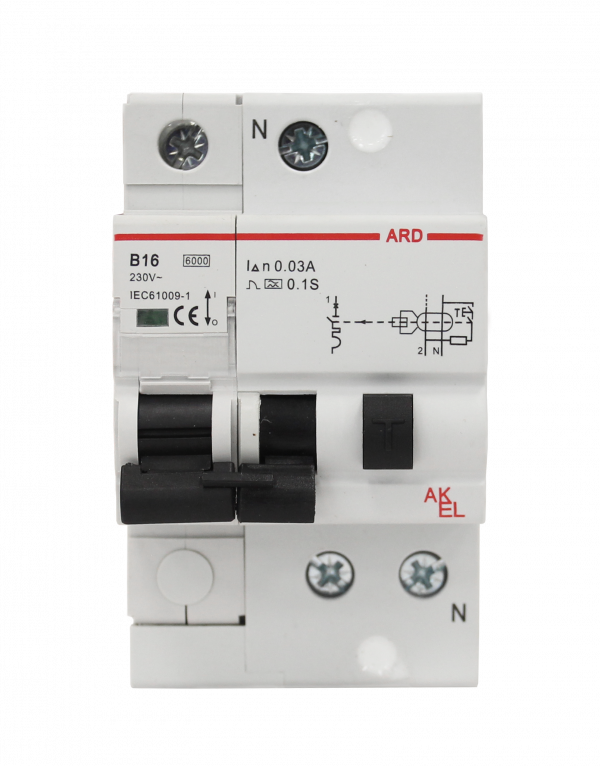 Выключатель дифференциальный автоматический АВДТ-ARD-1P+N-B16-30mA-ТипAC 1P+N/16A/B/AC/30mA/6kA