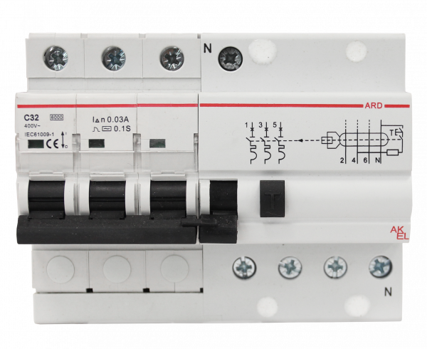Выключатель дифференциальный автоматический АВДТ-ARD-3P+N-C32-30mA-ТипAC 3P+N/32A/C/AC/30mA/6kA