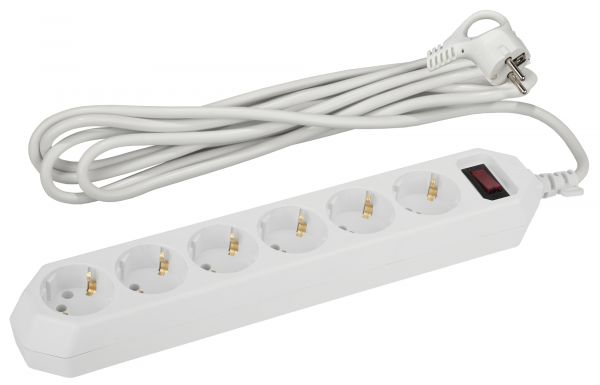 Фильтр сетевой белый с заземлением, 3x0,75 мм2, с выключателем, 6 гнезд, 5м USF-6es-5 м-W-BOX