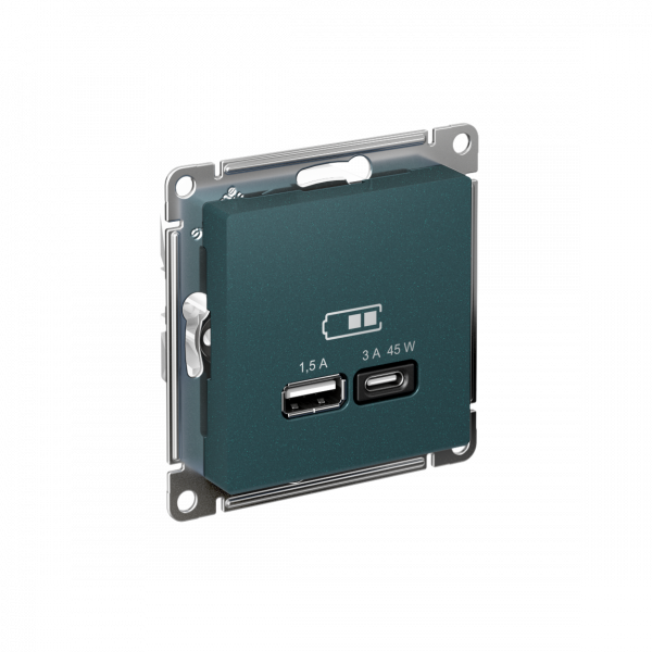 ATLASDESIGN USB РОЗЕТКА A + тип-C 45W высокоскор.заряд. QC,PD, механизм, ИЗУМРУД