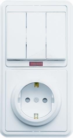 БЭЛЛА Блок БКВР-209 Выключатель трехклавишный с подсветкой + розетка с заземлением со шторками белый