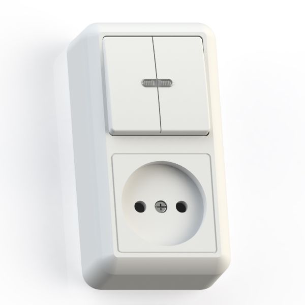 ОПТИМА Блок выключатель двухклавишный с подсветкой 10А/ розетка 16А БКВР-431 наружный белый