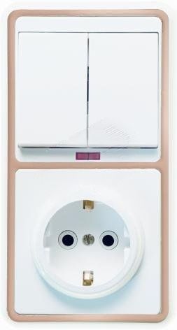 БЭЛЛА Блок БКВР-055 Выключатель двухклавишный с индикацией + розетка с заземлением золото
