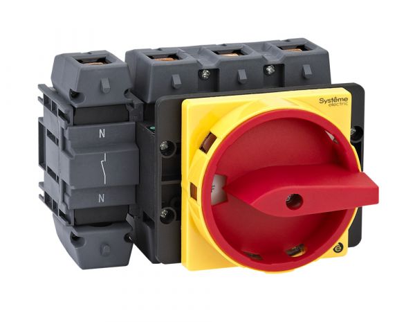 Выключатель-разъединитель 4P 125А IP20 С КРАСНОЙ РУКОЯТКОЙ НА ДВЕРЦУ 4 ВИНТАМИ С ЗАМКОМ