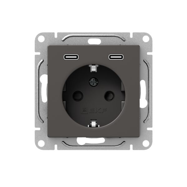 Механизм розетки с USB-C - 2шт  16А  с заземлением  со шторками  мокко Эпика EKF