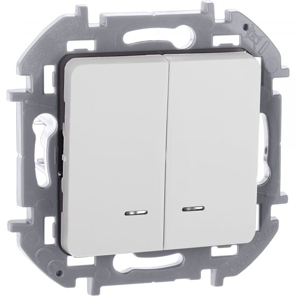 Выключатель 2-клавишный с подсветкой/индикацией 10АХ безвинтовое крепление белый INSPIRIA
