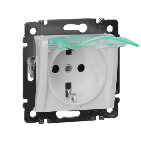 Розетка 1-местная с заземлением с защитными шторками и крышкой 16А IP44 белый VALENA