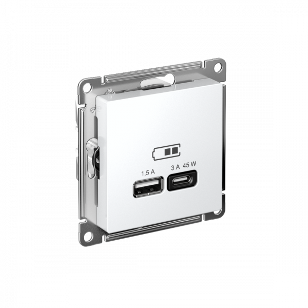 ATLASDESIGN USB РОЗЕТКА A + тип-C 45W высокоскор.заряд. QC, PD, механизм, БЕЛЫЙ