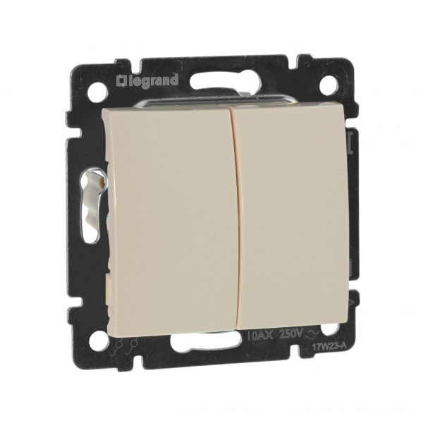 Выключатель 2-клавишный проходной схема 6/2 10А безвинтовое крепление слоновая кость VALENA