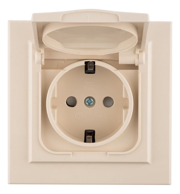 Розетка Минск 1-местная СП с заземлением с крышкой 16А бежевая с защитными шторками IP44