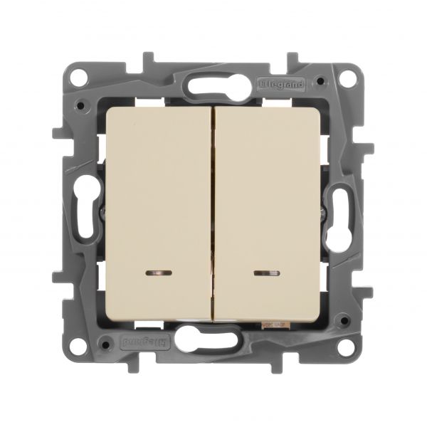 Выключатель 2-клавишный проходной с подсветкой/индикацией 10А безвинтовое крепление слоновая кость ETIKA