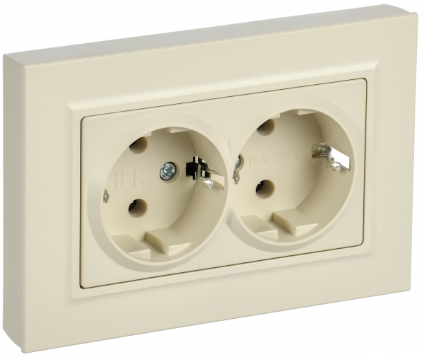 BRITE Розетка 2-местная с заземлением без защитных шторок плоская 16А в сборе РСПл12-3-БрКр бежевый IEK