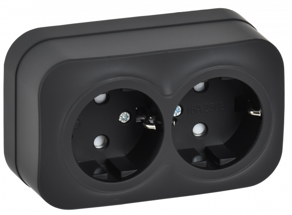 GLORY Розетка 2-местная для открытой установки с заземлением с защитными шторками 16А РСш22-3-ХЧм черный матовый IEK