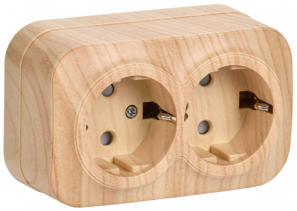 GLORY Розетка двухместная наружная с заземлением  с защитной шторкой сосна