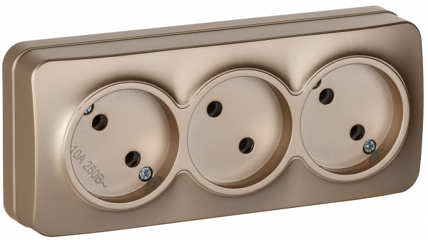 GLORY Розетка 3-местная для открытой установки без заземления без защитных шторок 10А РС23-2-ХШм шампань матовый IEK