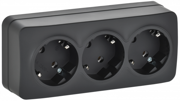 GLORY Розетка 3-местная для открытой установки с заземлением без защитных шторок 16А РС23-3-ХЧм черный матовый IEK