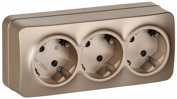 GLORY Розетка 3-местная для открытой установки с заземлением без защитных шторок 16А РС23-3-ХШм шампань матовый IEK