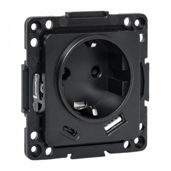 Стокгольм Механизм Розетки 1-местной с/з, USB A+C 16А винтовые клеммы черный с защ. штор. EKF