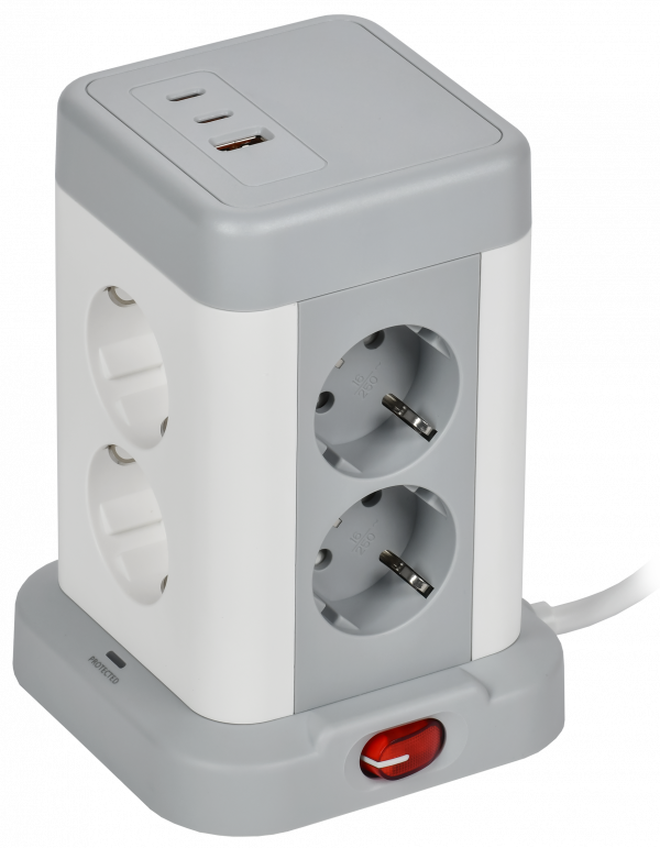 DOMINIC Удлинитель У08K 8 мест 2P+PE 1,5м 3х1,0мм2 16А/250В USB A+C 20Вт серый IEK