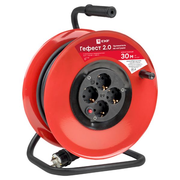 Удлинитель на катушке Гефест 2.0 4 гнезда 30м с заземлением и предохранителем КГ 3x2.5 16А/3.5кВт PROxima
