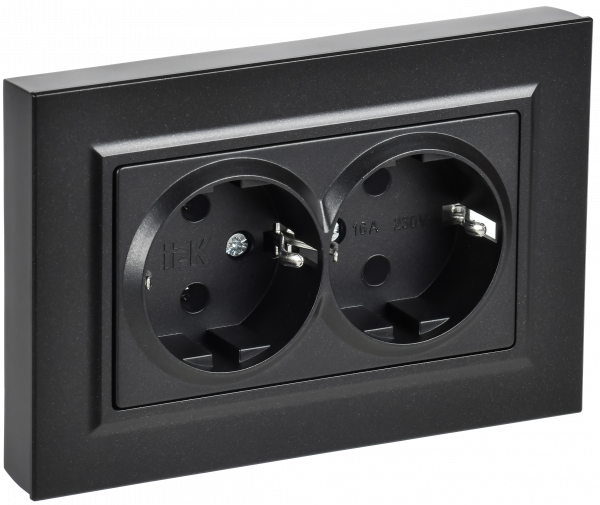 BRITE Розетка 2-местная с заземлением без защитных шторок плоская 16А в сборе РСПл12-3-БрЧ черный IEK