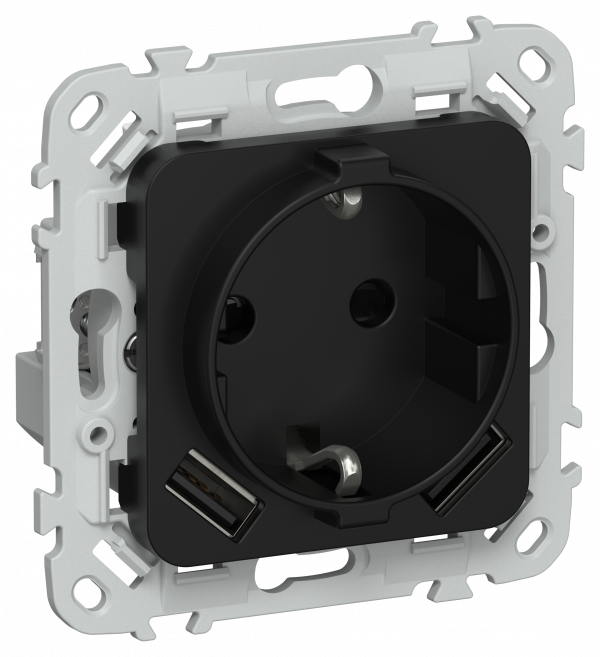 FLITE Розетка 1-местная с заземлением с защитными шторками 16А с USB A+A 3,1А безвинтовое крепление РСЮша11-1-ФлЧ черный IEK