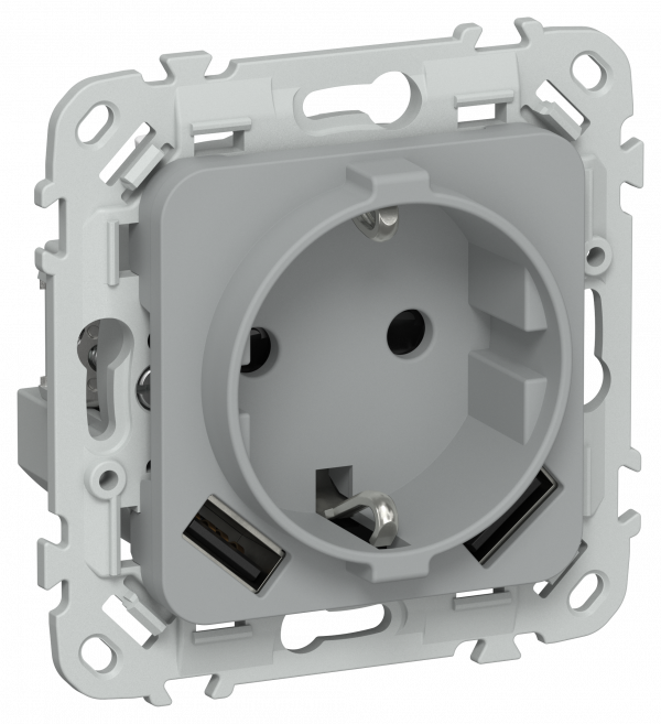 FLITE Розетка 1-местная с заземлением с защитными шторками 16А с USB A+A 3,1А безвинтовое крепление РСЮша11-1-ФлС серый IEK