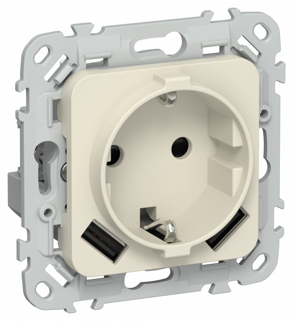 FLITE Розетка 1-местная с заземлением с защитными шторками 16А с USB A+A 3,1А безвинтовое крепление РСЮша11-1-ФлСл сливочный IEK