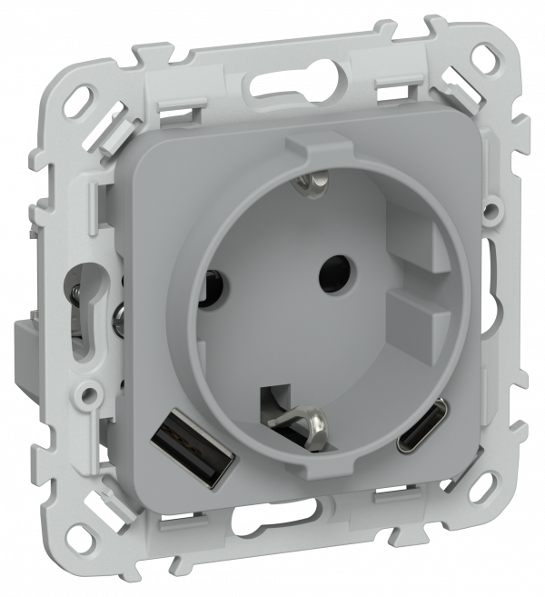FLITE Розетка 1-местная с заземлением с защитными шторками 16А с USB A+C 20Вт безвинтовое крепление РСЮшс11-1-ФлС серый IEK