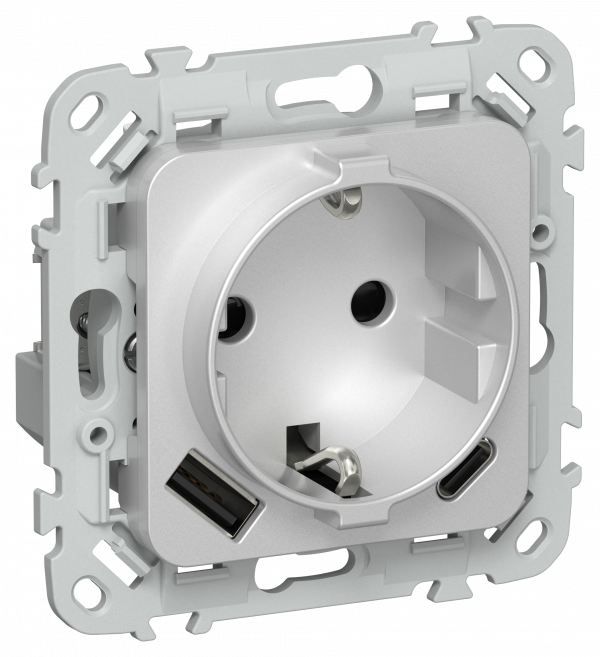 FLITE Розетка 1-местная с заземлением с защитными шторками 16А с USB A+C 20Вт безвинтовое крепление РСЮшс11-1-ФлА алюминий IEK
