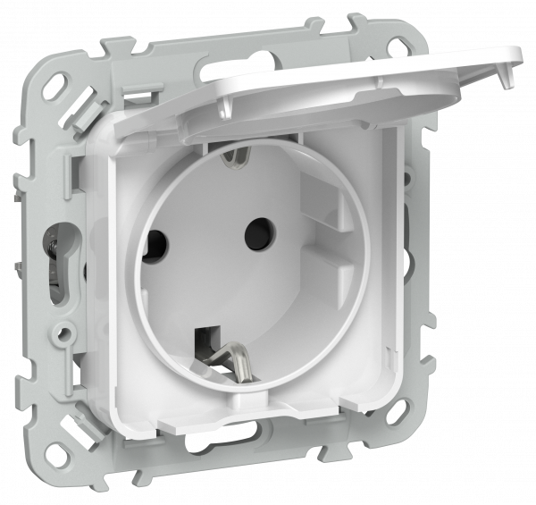 FLITE Розетка с заземлением с защитными шторками и крышкой безвинтовое крепление 16А IP44 РСшкр11-1-44-ФлБ белый IEK