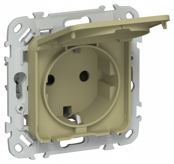 FLITE Розетка с заземлением с защитными шторками и крышкой безвинтовое крепление 16А IP44 РСшкр11-1-44-ФлО оливковый IEK