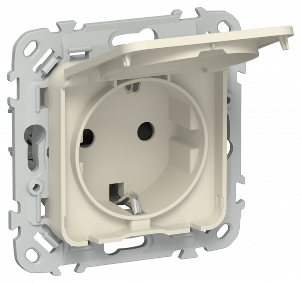 FLITE Розетка с заземлением с защитными шторками и крышкой безвинтовое крепление 16А IP44 РСшкр11-1-44-ФлСл сливочный IEK