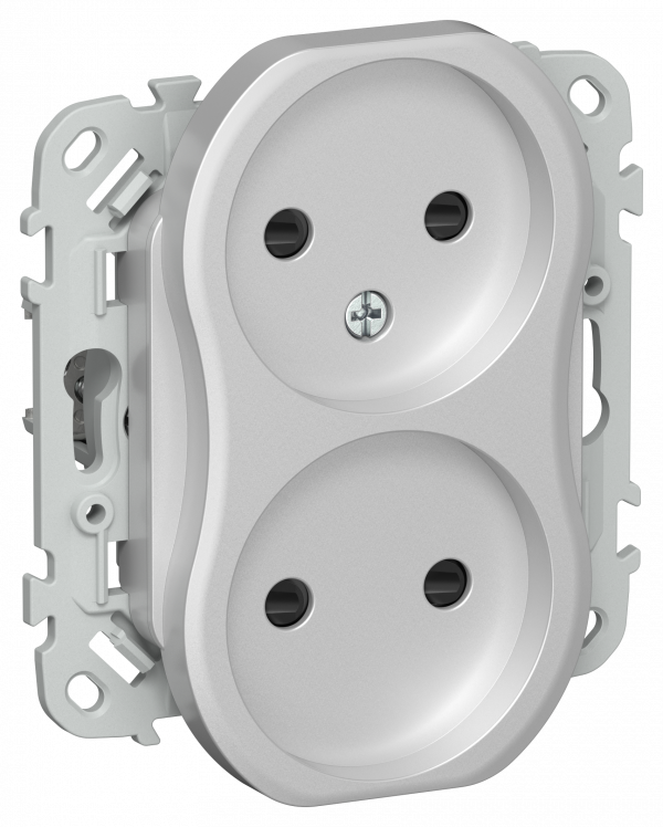 FLITE Розетка 2-местная без заземления с защитными шторками безвинтовое крепление 10А РСш02-1-ФлА алюминий IEK