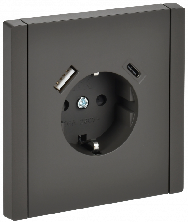 FORTE&PIANO Розетка 1-местная с заземлением с защитными шторками винтовое крепление 16А USB A+C 18Вт FP347 серый IEK