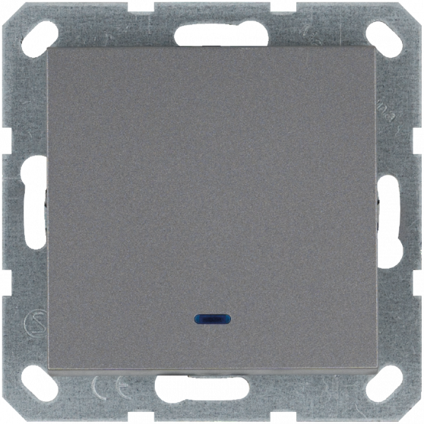 Выключатель одноклавишный проходной со светодиодом 10A 250V~ с накладкой, цвет Алюминий