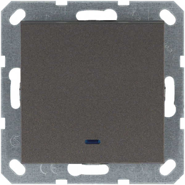 Выключатель одноклавишный проходной со светодиодом 10A 250V~ с накладкой, цвет Мокко