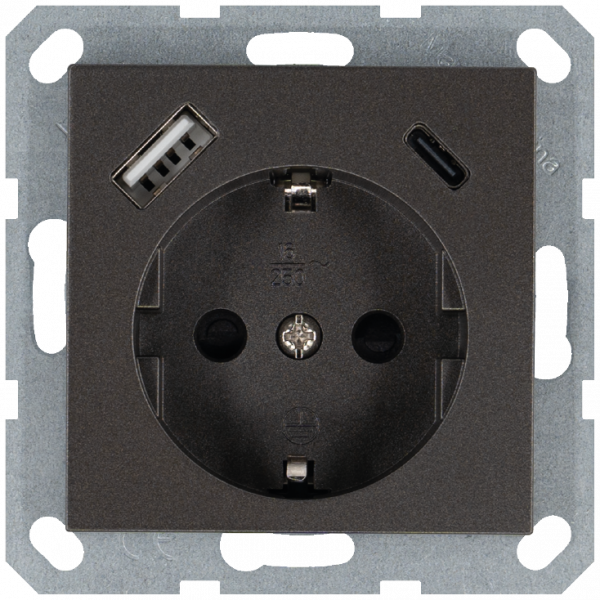 Розетка Schuko с USB A+C с защитными шторками 16A 250V~ 2P+T USB 25W, цвет Мокко