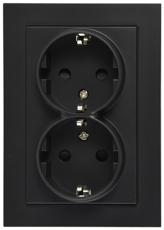 Розетка Schuko двойная с защитными шторками 16A 250V~ 2P+T, цвет черный матовый (soft touch)