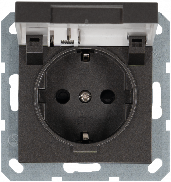 Розетка Schuko с крышкой и защитными шторками 16A 250V~ 2P+T, цвет Мокко