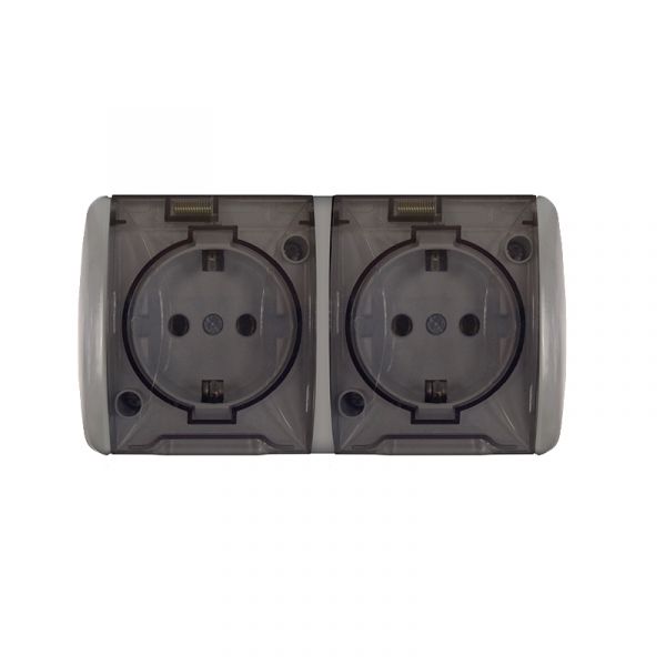 Клио розетка двухместная с прозрачной крышкой Клио, IP54, с/з, о/у, 16А, 220В, серый (еврослот)