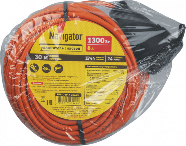 Удлинитель силовой NPE-C-30-X-2x0.75 шнур б/з 30м ПВС 2х0,75 1300 Вт IP44