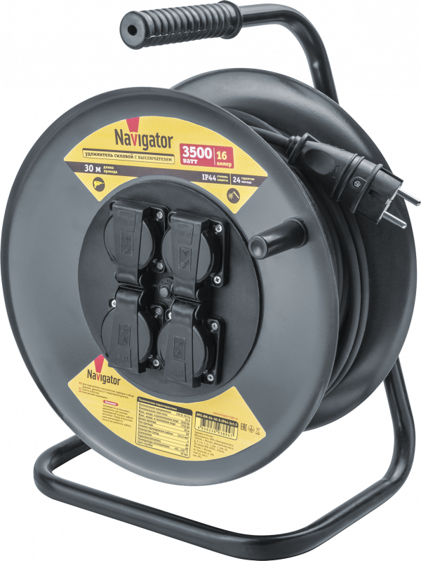 Удлинитель силовой NPE-RM-04-30-E-IP44-3x1.5 на металлической катушке с термовыключателем 4 гнезда c/з 30м КГ 3х1,5 3500 Вт IP44