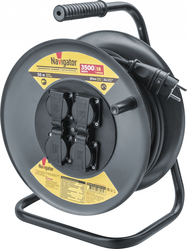 Удлинитель силовой NPE-RM-04-50-E-IP44-3x1.5 на металлической катушке с термовыключателем 4 гнезда c/з 50м КГ 3х1,5 3500 Вт IP44