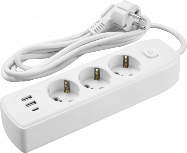 Удлинитель бытовой OPE-USB-03-500-ESC-3x1 с заземлением с выключателем 3 розетки 5м ПВС 3х1 2500Вт 2USB-A+USB-C, 2,4А