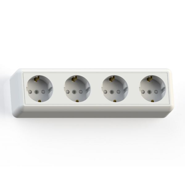 ОПТИМА Розетка открытой установки четырехместная с заземляющим контактом и защитной шторкой, 16А РА 16-403, белая
